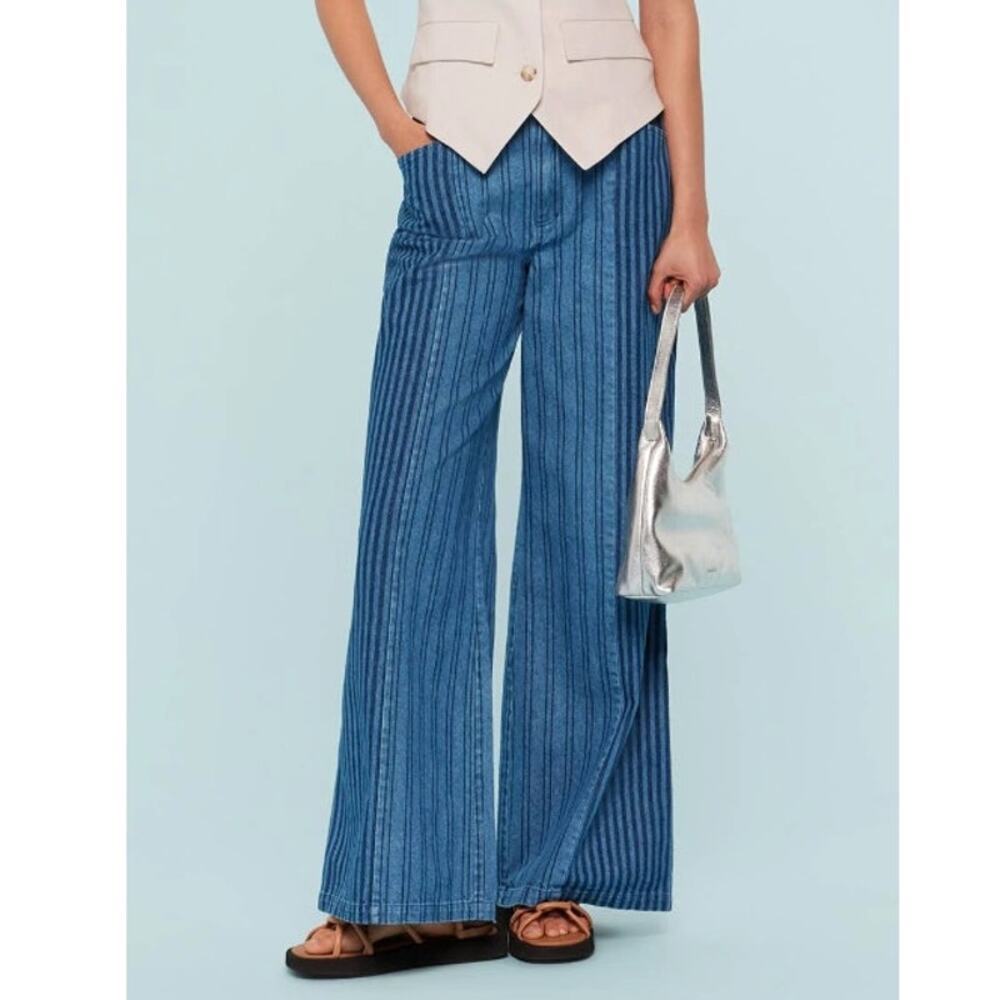 Whistles NWOT Sz 2 Patchwork Vertical Stripe Wide Leg Flare Jeans Boho Retro 70s